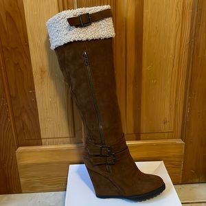 Wedge Knee High Suede Brown Boot